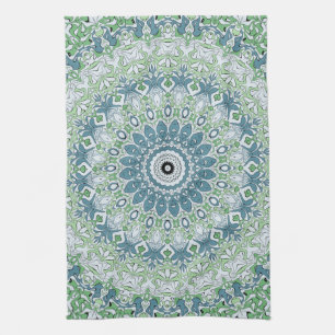 Sea Green and Blue Coastal Mandala Pattern Tea Towel