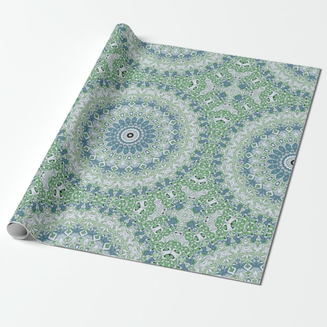 Sea Green and Blue Coastal Mandala Pattern Wrapping Paper (Unrolled)
