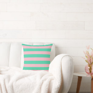 Sea Green and Faded Pink Vintage Large Stripes Cushion