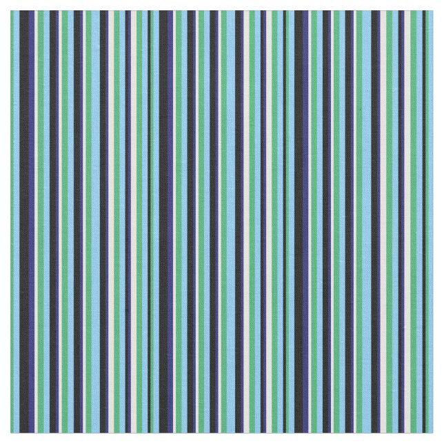 Sea Green, Blue, Black & White Stripes Pattern Fabric (Close Up)