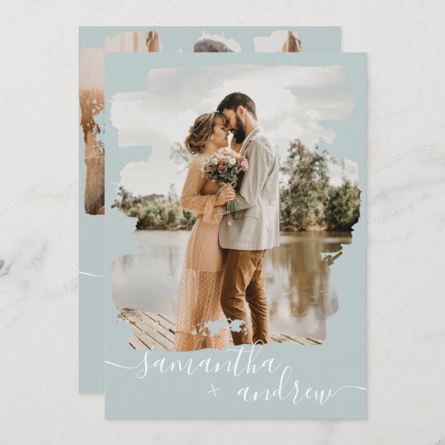 Sea green brushstroke script 2 photos wedding invitation (Front/Back)