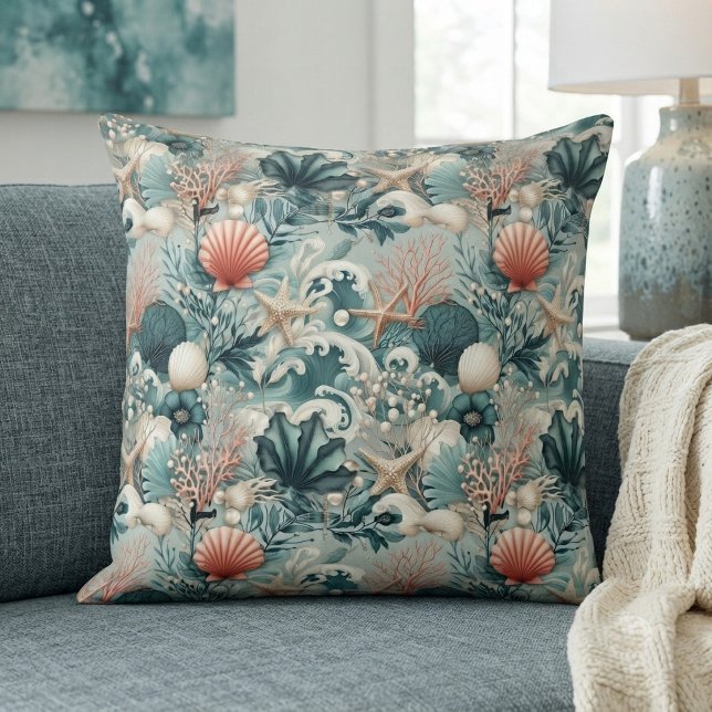 Sea Green Coastal Decor Tropical Corals Seashells  Cushion (Sea Green Coastal Decor Tropical Corals Seashells Throw Pillow)