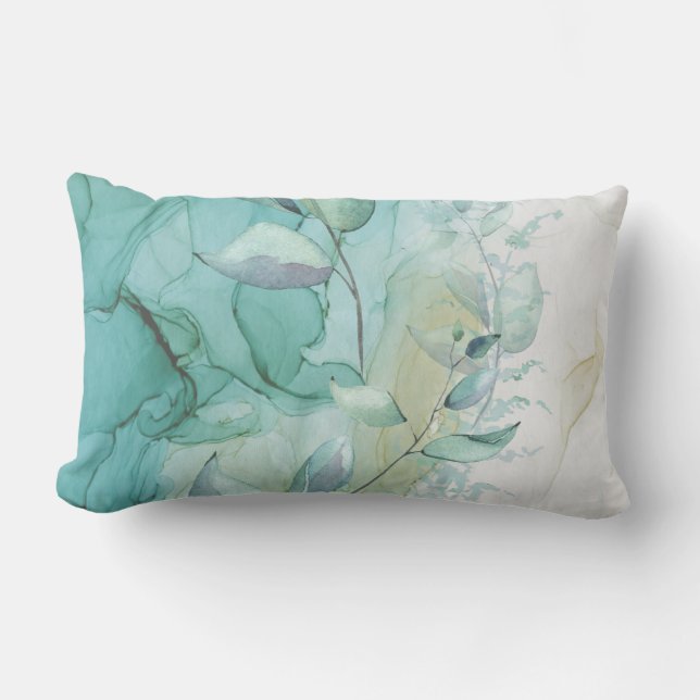 Sea Green Foliage and Teal Ink Mystique Lumbar Cushion (Front)