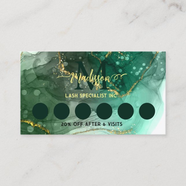 Sea Green Geode Golden Marble Monogram loyalty Business Card (Front)