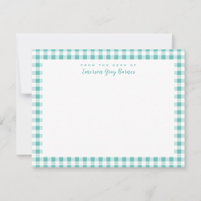 Sea Green Gingham Check Personal Stationery Card (Front)