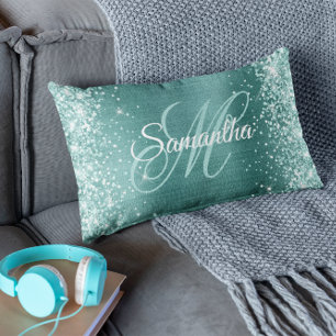 Sea Green Glitter Aqua Teal Foil Fancy Monogram Lumbar Cushion