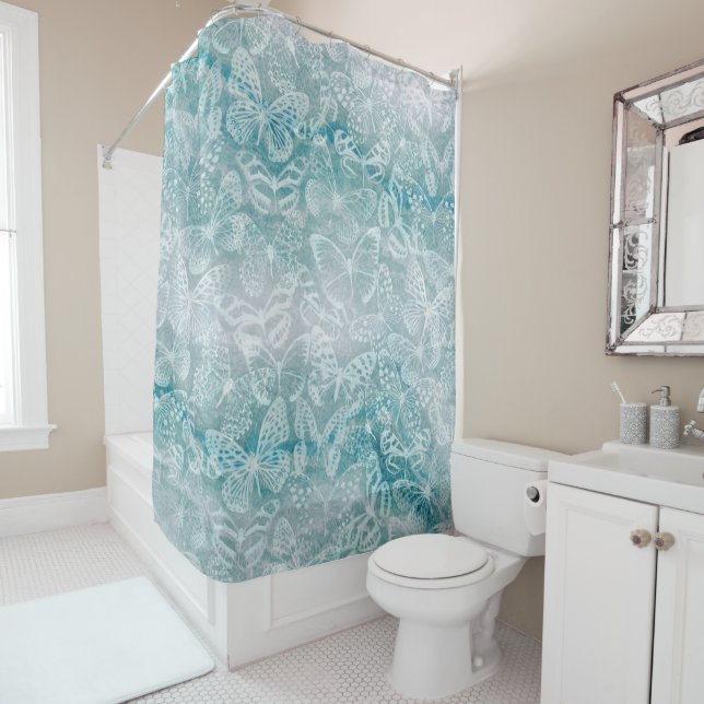 Sea green marble butterflies shower curtain (In Situ)