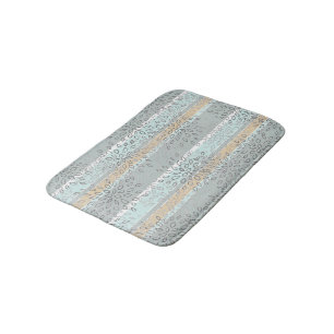 Sea Green Tan Stripes Grey White Leaves Pattern Bath Mat