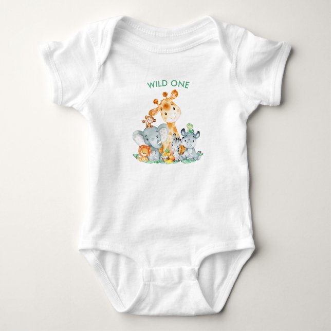 Sea Green Watercolor Cute Safari Jungle Animals Baby Bodysuit (Front)