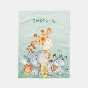 Sea Green Watercolor Cute Safari Jungle Animals Fleece Blanket