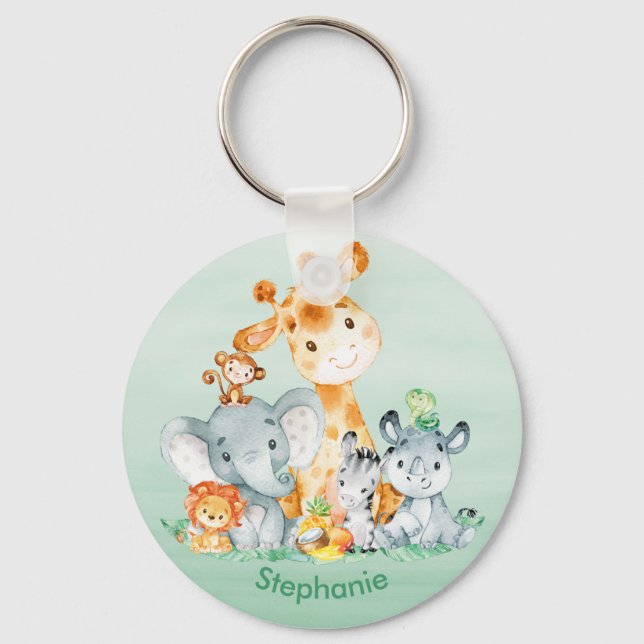 Sea Green Watercolor Cute Safari Jungle Animals Key Ring (Front)
