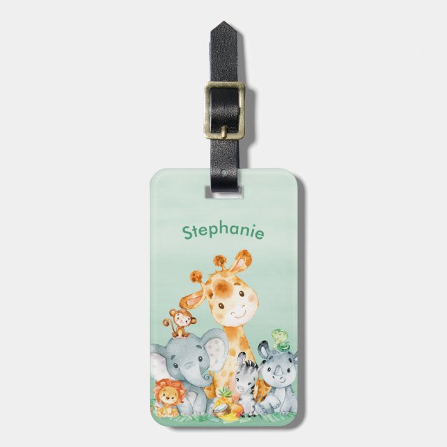 Sea Green Watercolor Cute Safari Jungle Animals Luggage Tag (Front Vertical)