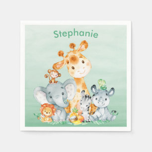 Sea Green Watercolor Cute Safari Jungle Animals Napkin