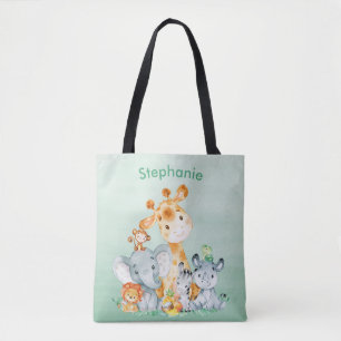 Sea Green Watercolor Cute Safari Jungle Animals Tote Bag
