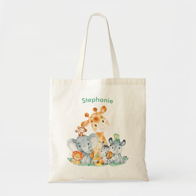 Sea Green Watercolor Cute Safari Jungle Animals Tote Bag (Front)