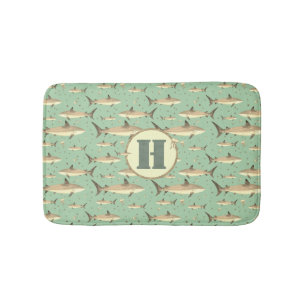 Sea Green Watercolor Monogram Shark Marine Life Bath Mat