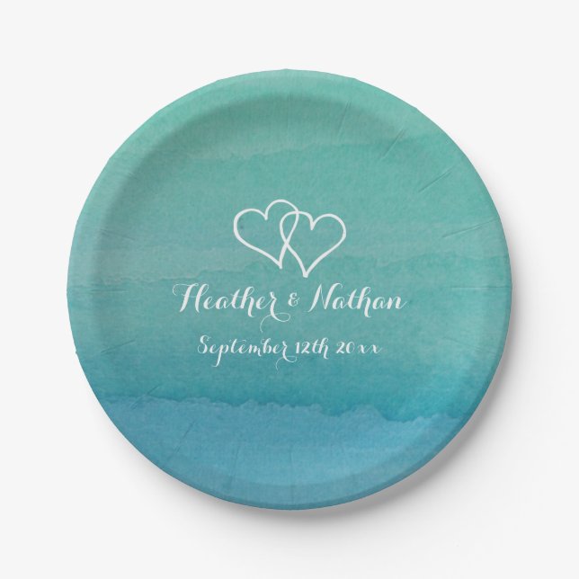 Sea green watercolor painting wedding party plates (Front)
