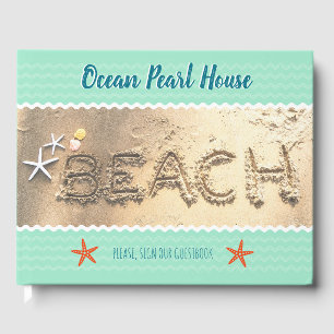 sea green with sand, starfish, shell, beach house guest book
