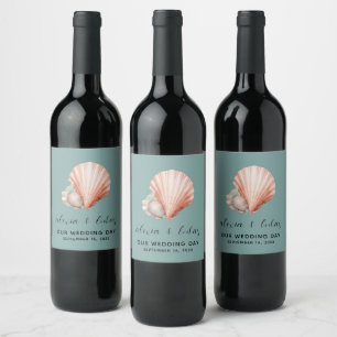 Sea Green with Shell "Our Wedding Day"  Wine Label