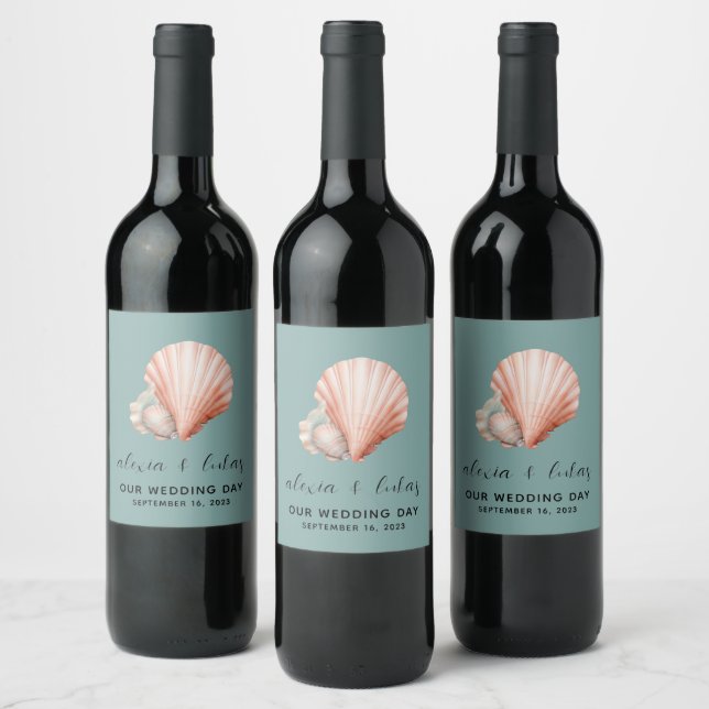 Sea Green with Shell "Our Wedding Day"  Wine Label (Bottles)