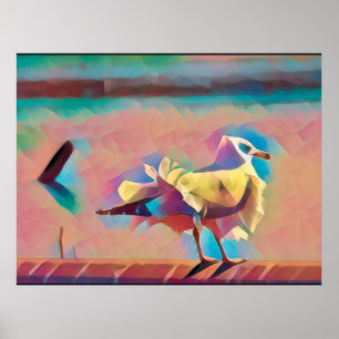 Sea Gull Art in Coral and Teal Poster