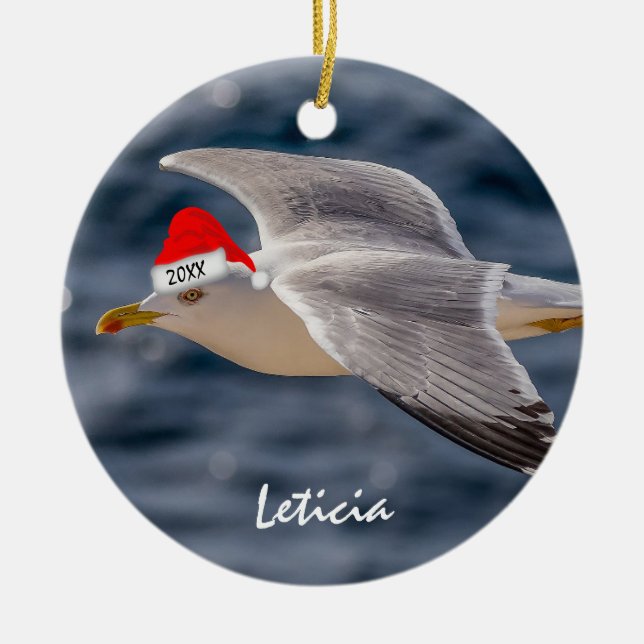 Sea Gull in Santa Hat Christmas   Ceramic Tree Decoration (Front)