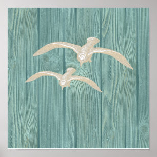 Sea Gull Vintage Aqua Wood Beach Poster