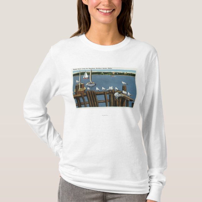 Sea Gulls and Sailboats Along the Waterfront T-Shirt (Front)