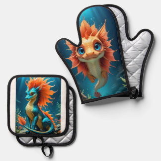 Sea Horse Dragon Oven Mitt & Pot Holder Set