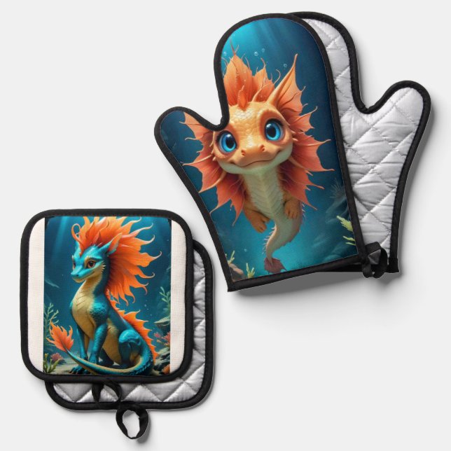 Sea Horse Dragon Oven Mitt & Pot Holder Set (Front/Back)