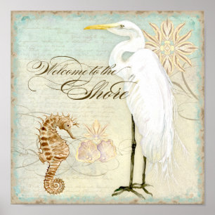 Sea Horse, Great Egret Coastal Beach - Fine Art Poster