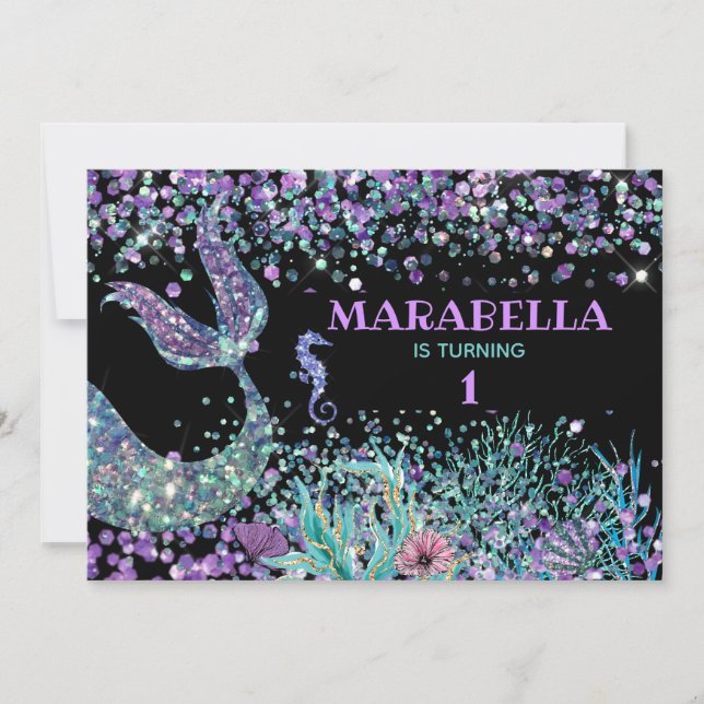 *~*  Sea Horse Mermaid's Tail Magical Birthday Invitation (Front)