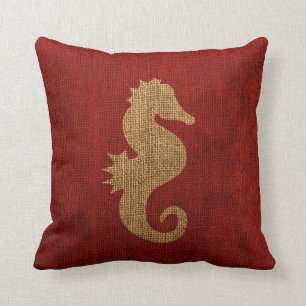 Sea Horse Nautical Rustic Red Cushion