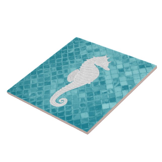 Sea Horse on Aqua Sea Glass Pattern Tile (Side)