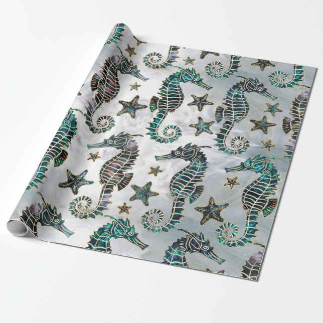 Sea horse Starfish Abalone Pattern Wrapping Paper (Unrolled)