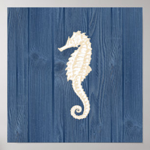 Sea Horse Vintage Blue Wood Beach Poster