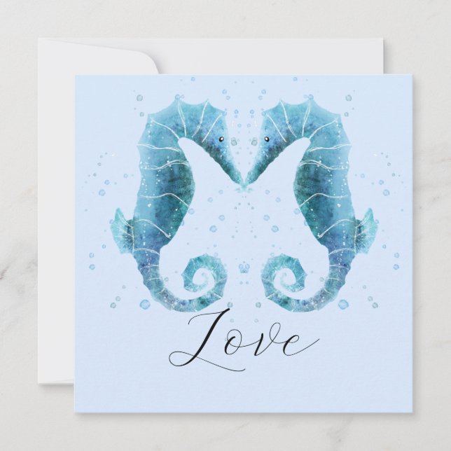 Sea Horses Beach Watercolor Valentine Day Holiday Card (Front)
