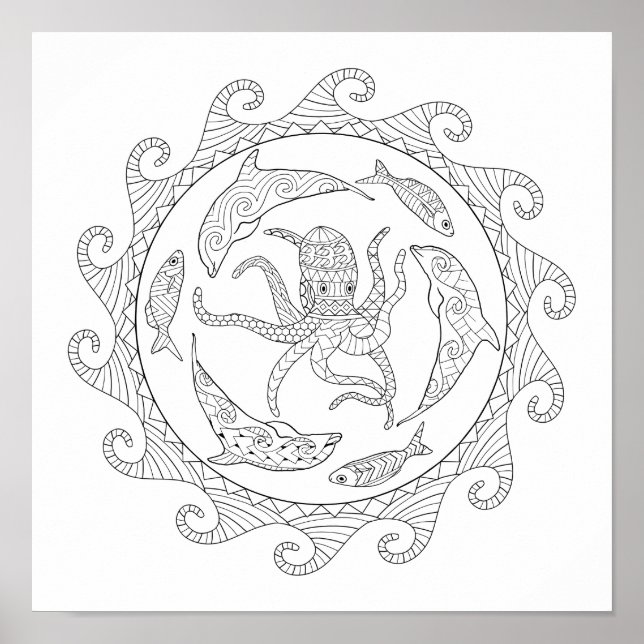 Sea Life Adult Colouring Poster (Front)