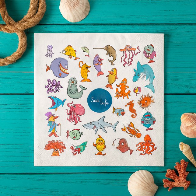Sea Life Animals Colourful Ocean Characters Napkin (Creator Uploaded)