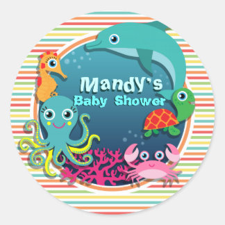 Sea Life Baby Shower, Bright Rainbow Stripes Classic Round Sticker