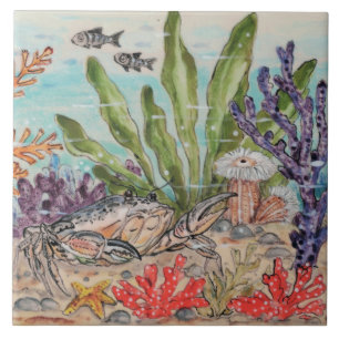 Sea Life Crab Fish Coral Anemone Ocean Mural Pc.#8 Tile
