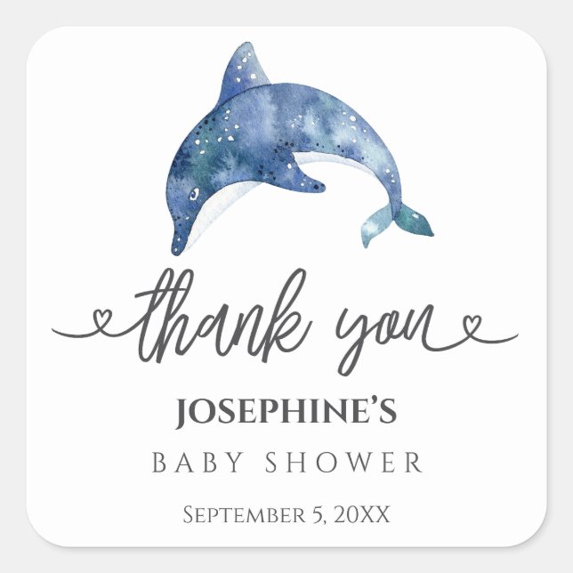 Sea Life Dolphin Baby Shower Favour Square Sticker (Front)