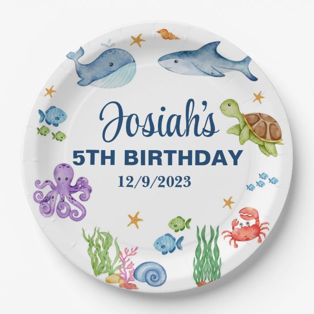 Sea life, ocean life boy birthday paper plates. plate (Front)