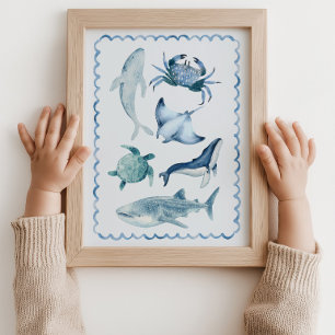 Sea Life Ocean Nursery Blue Wall Art Poster