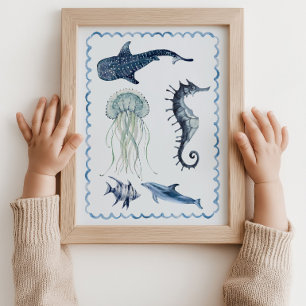 Sea Life Ocean Nursery Blue Wall Art Poster