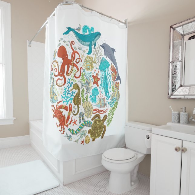 Sea Life Ocean Whale Octopus Turtle Art Shower Curtain (In Situ)