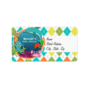 Sea Life on Colourful Argyle; Baby Shower Label