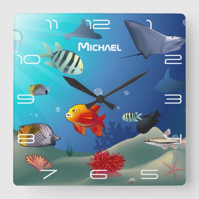 Sea Life Scene Square Wall Clock (Front)