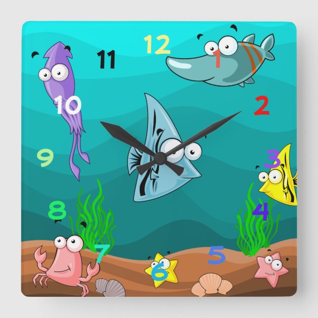 Sea Life Under the Sea with Numbers Square Wall Clock (Front)