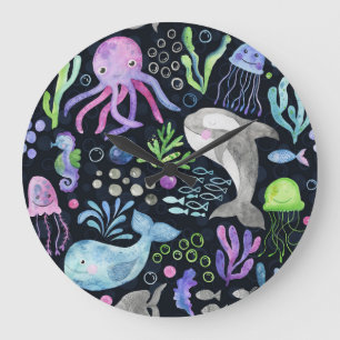 Sea life watercolor, dark background. large clock